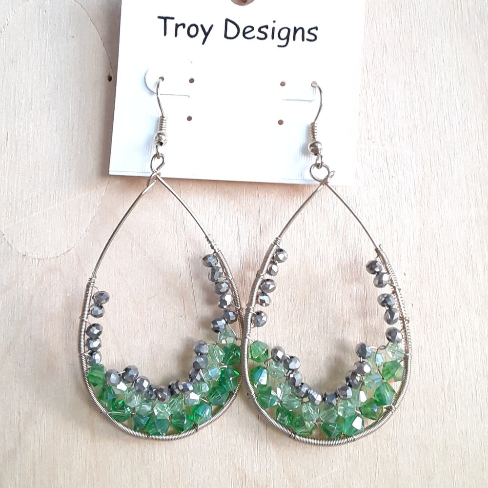 Green Crystals Wirewrapped Drop Earrings